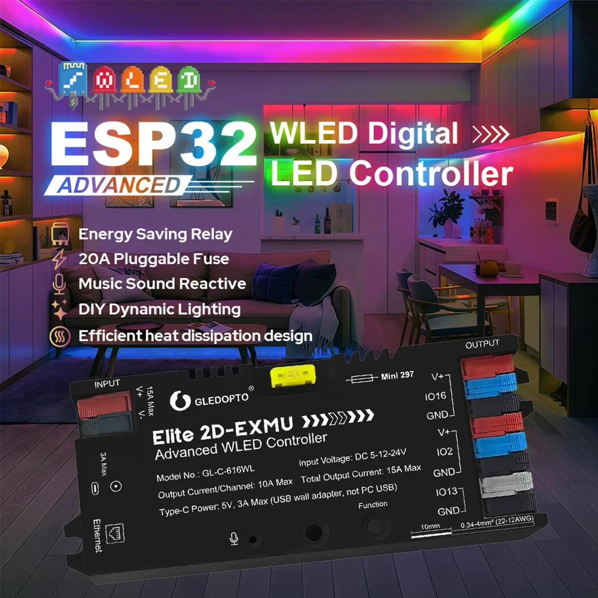 كونترول ESP32 سمارت WLED لمختلف نشرات RGBIC+SPI مع منفذ ايثرنت - image 2